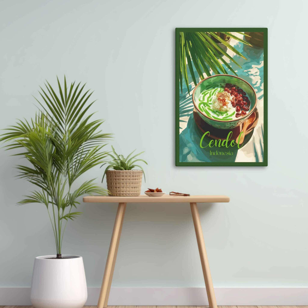 Canvas artwork of a cendol dessert bowl on a hallway wall above a wooden table with plants.