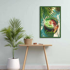 Canvas artwork of a cendol dessert bowl on a hallway wall above a wooden table with plants.
