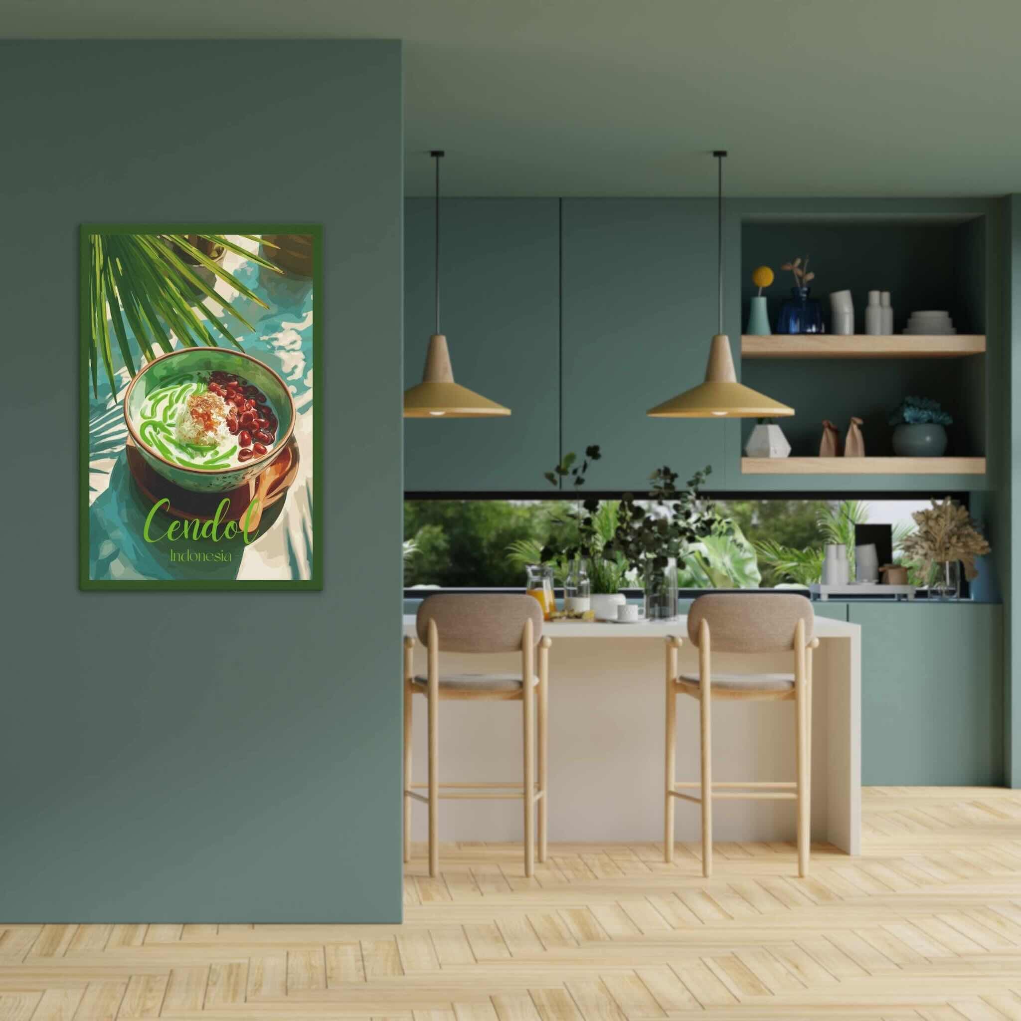 Modern kitchen with a dining area and a decorative cendol canvas on the wall.