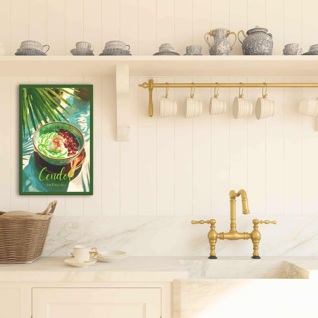 Kitchen interior with a decorative canvas of a cendol dessert bowl.