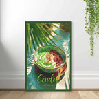 Canvas artwork of a bowl of cendol with palm leaves leaning on a white wall.
