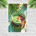 Illustration of a bowl of cendol with palm leaves on a textured white background
