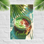 Illustration of a bowl of cendol with palm leaves on a textured white background