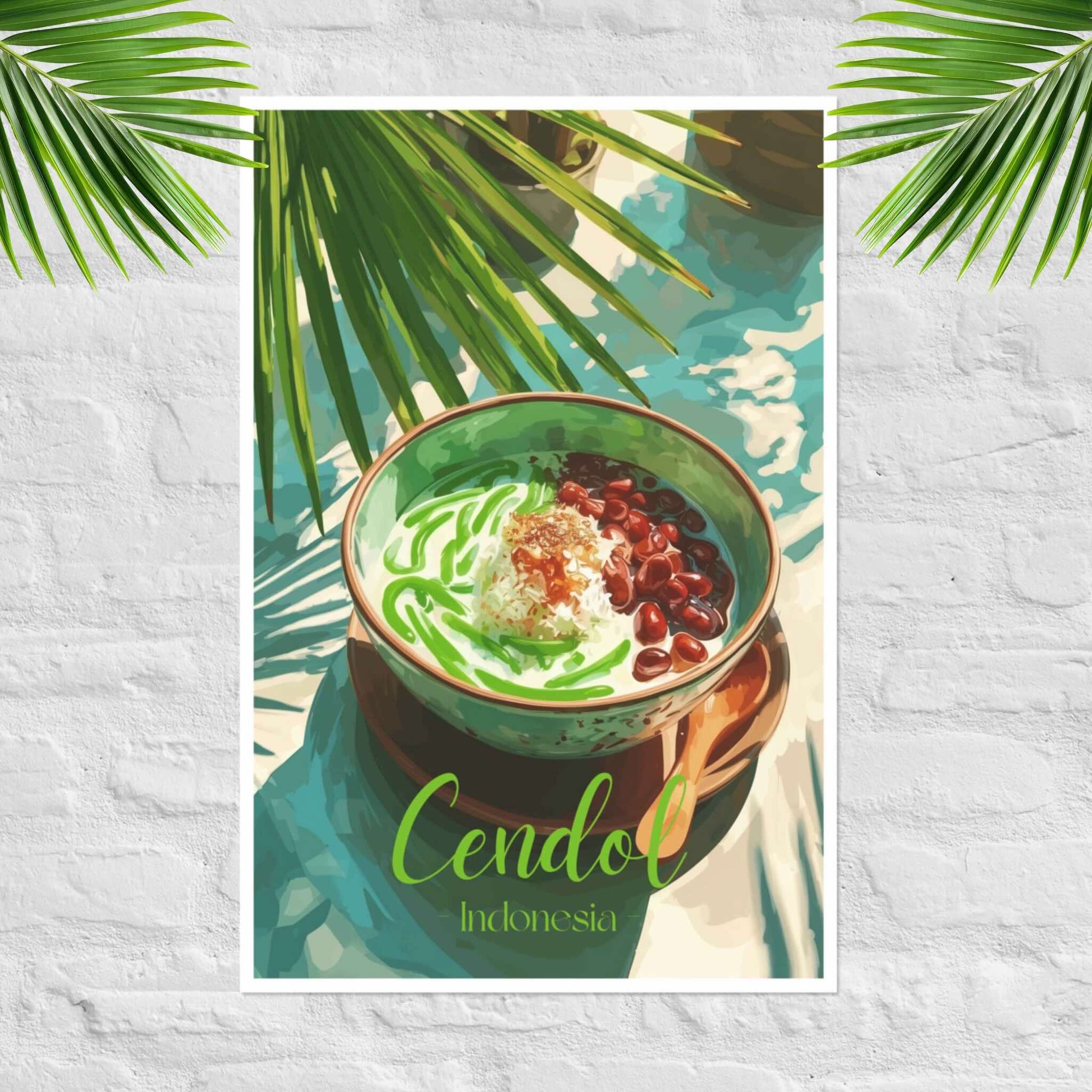 Illustration of a bowl of cendol with palm leaves on a textured white background