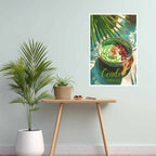 Poster of a green cendol dessert bowl with text on a wall above a wooden table with plants.