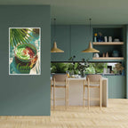 Modern kitchen with teal walls, wooden floor, and a decorative cendol poster on the wall.