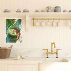 Kitchen interior with a poster of a green cendol bowl.