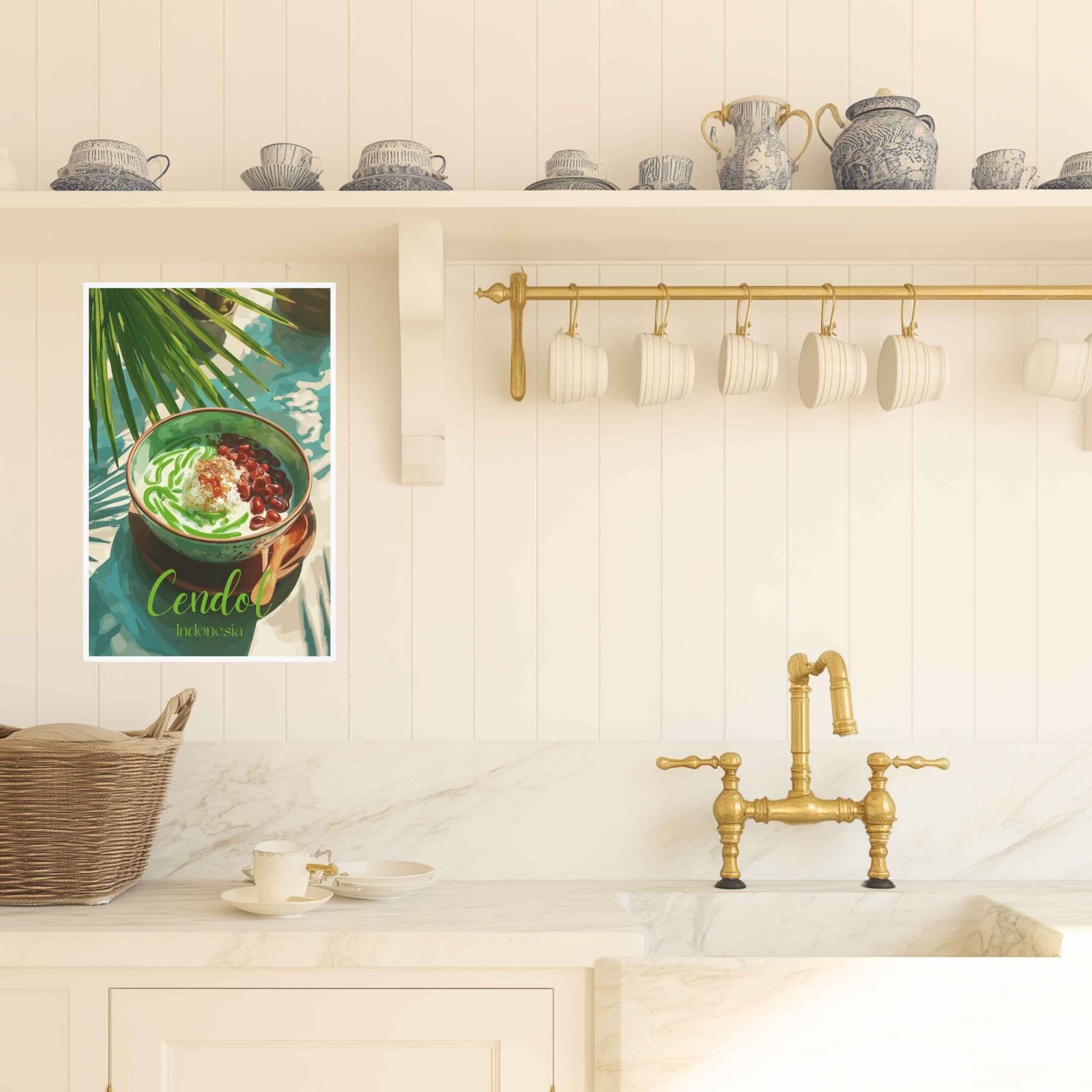 Kitchen interior with a poster of a green cendol bowl.