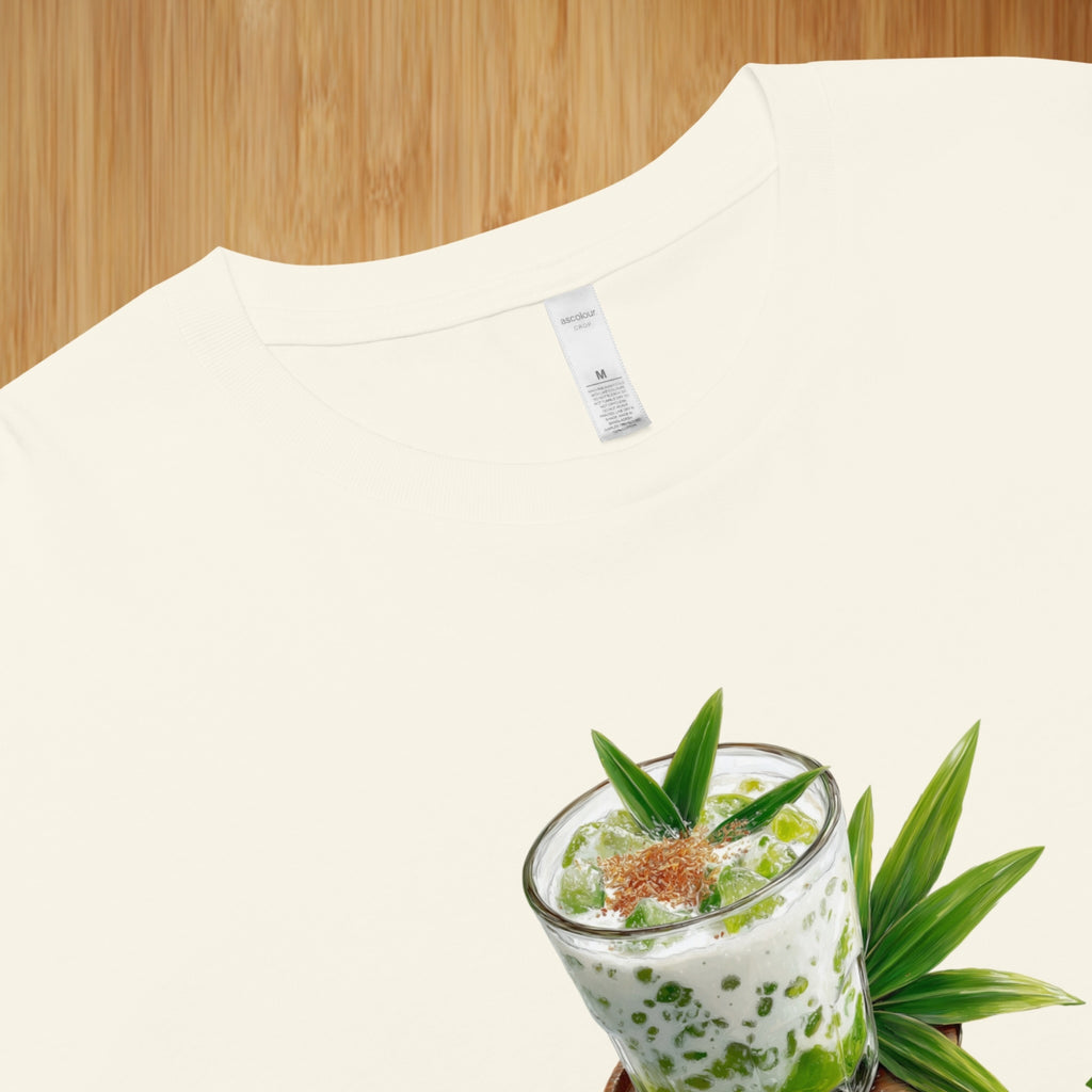 Close-up of colorful cendol dessert DTG front print on crop top