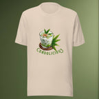 Beige t-shirt with a graphic of a cendol dessert in a glass labeled 'Cendolicious', on a green background.