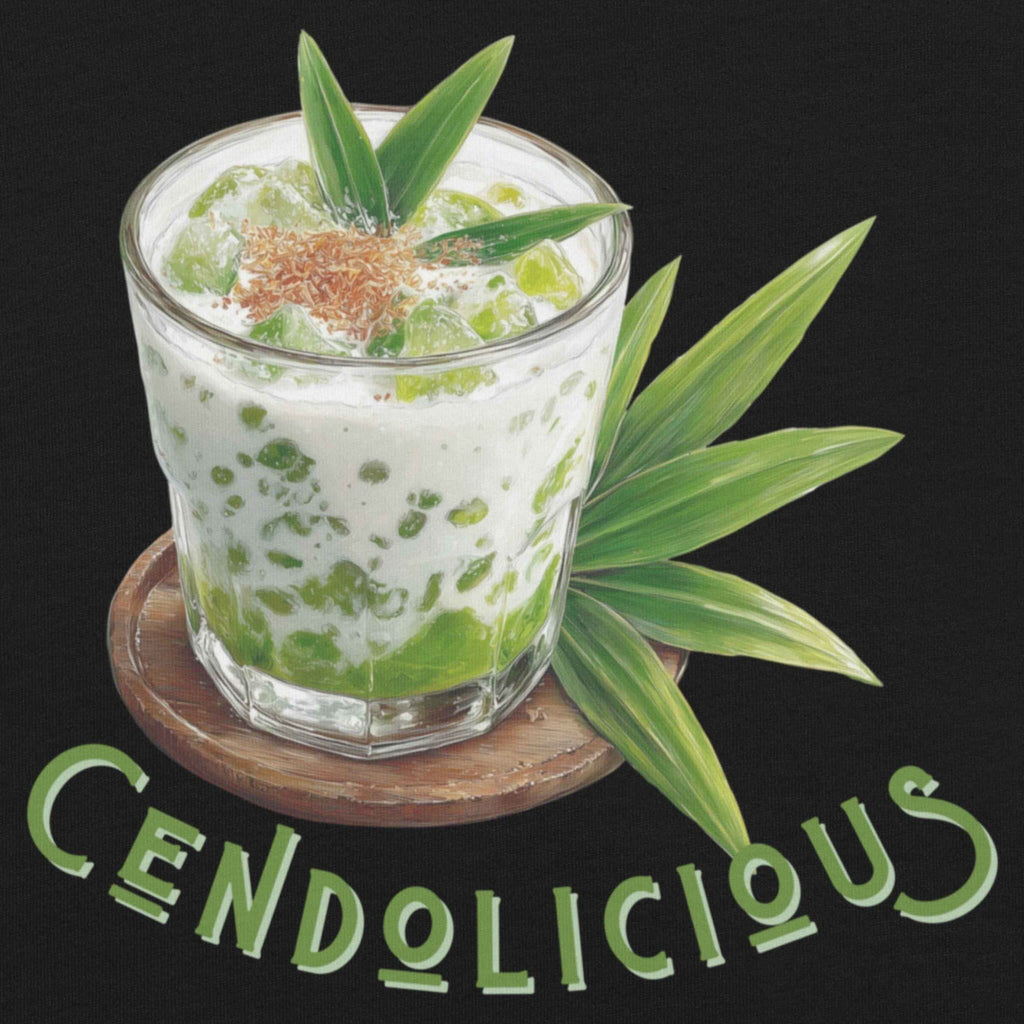 Illustration of a 'Cendolicious' dessert  and text on a black background