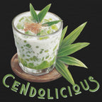 Illustration of a 'Cendolicious' dessert  and text on a black background