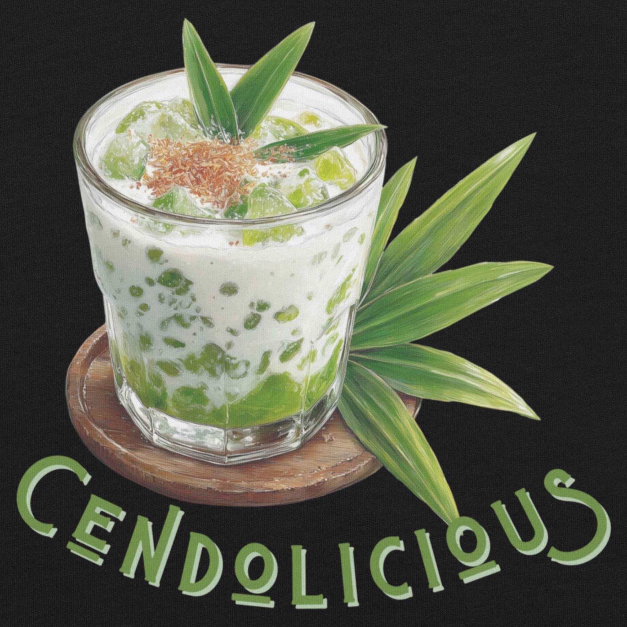Illustration of a 'Cendolicious' dessert  and text on a black background