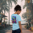 Chill Nomads Graffiti Reef Backprint Tee on a woman standing on a street in Souteast Asia with the ocean in the background
