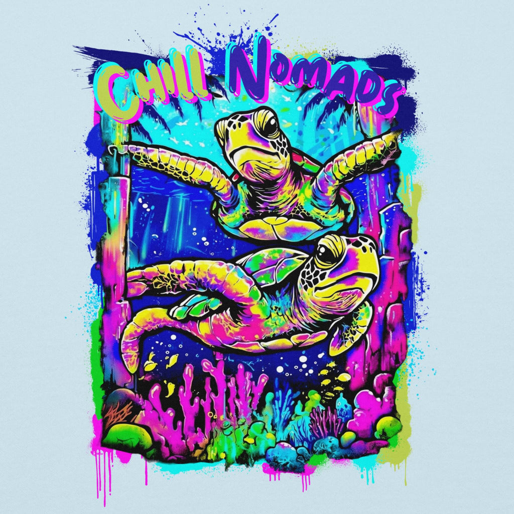 Close-up of DTFlex neon turtle vertical back graphic on hoodie