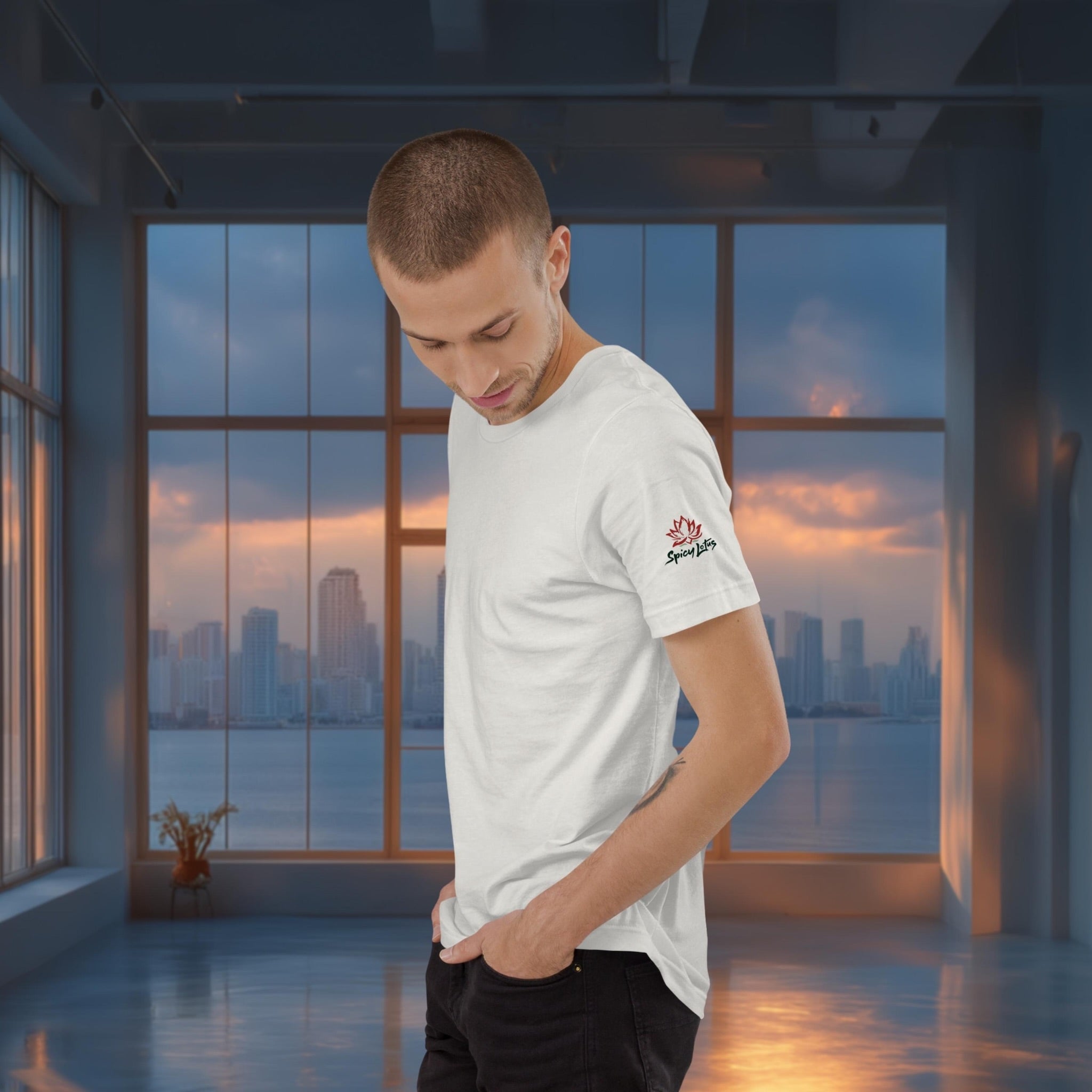Bella+Canvas 3001 DTFlex unisex T-shirt sleeve logo print on a young man standing in an empty apartment, with a big city in the background