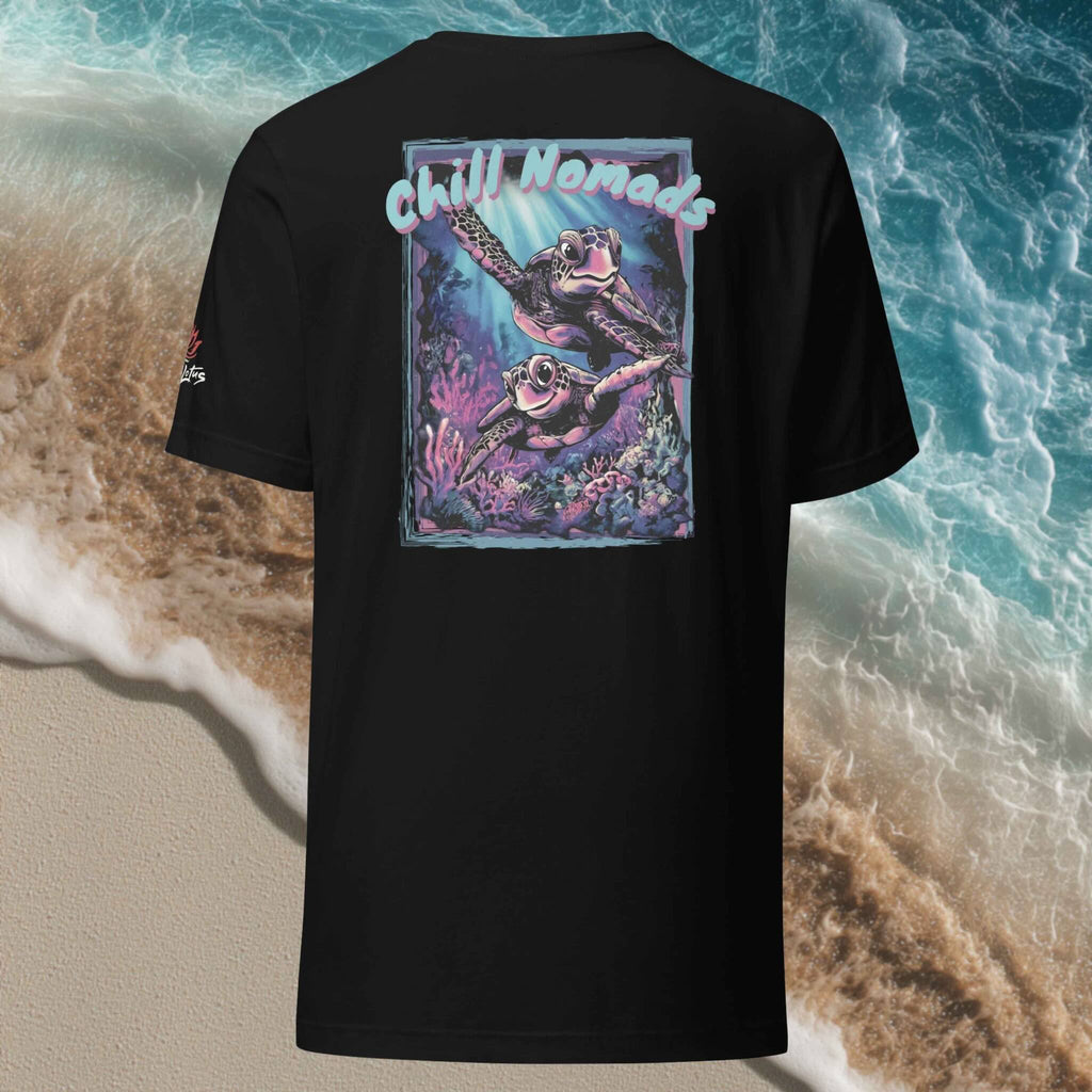 Black t-shirt with turtle graphic and 'Chill Nomads' text on a beach background