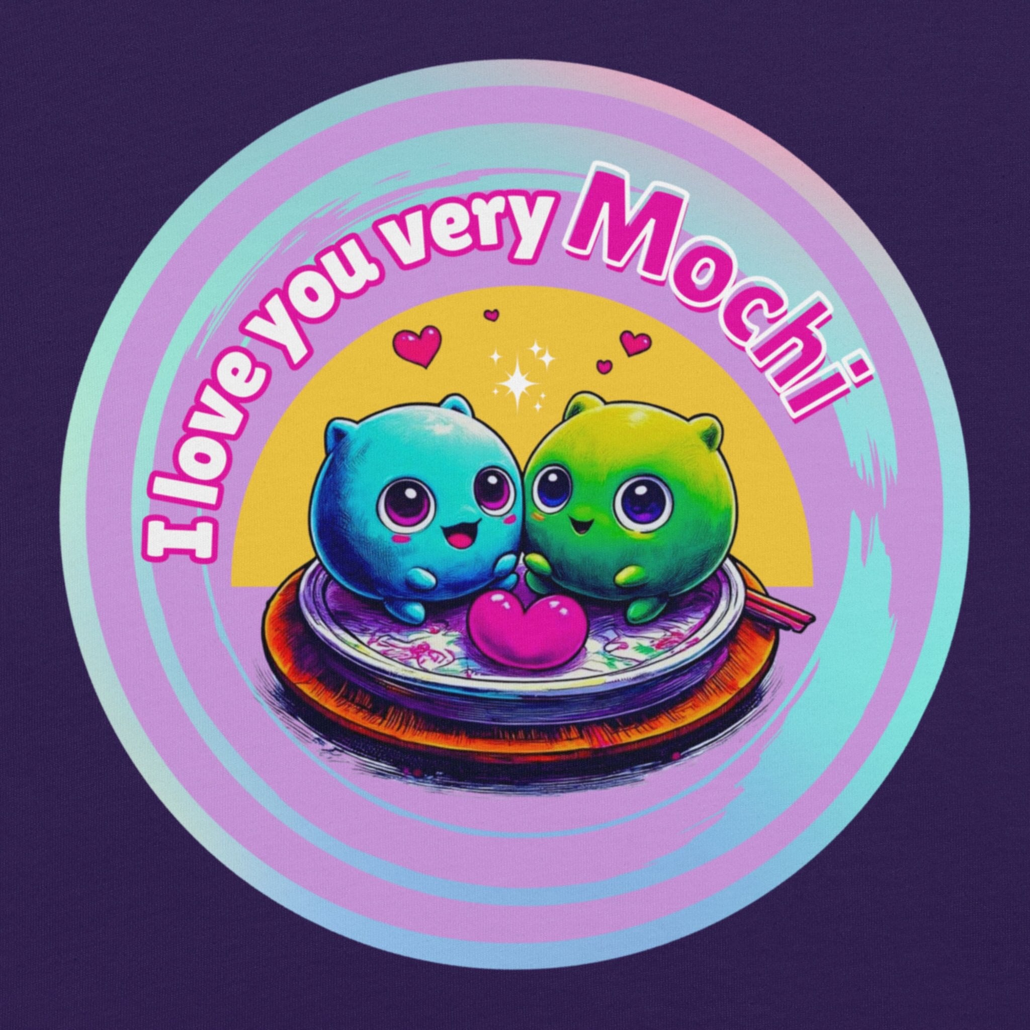 Close-up DTFlex front print of romantic pastel mochi illustration on hoodie