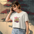 Model wearing Send Noods crop top during urban street walk