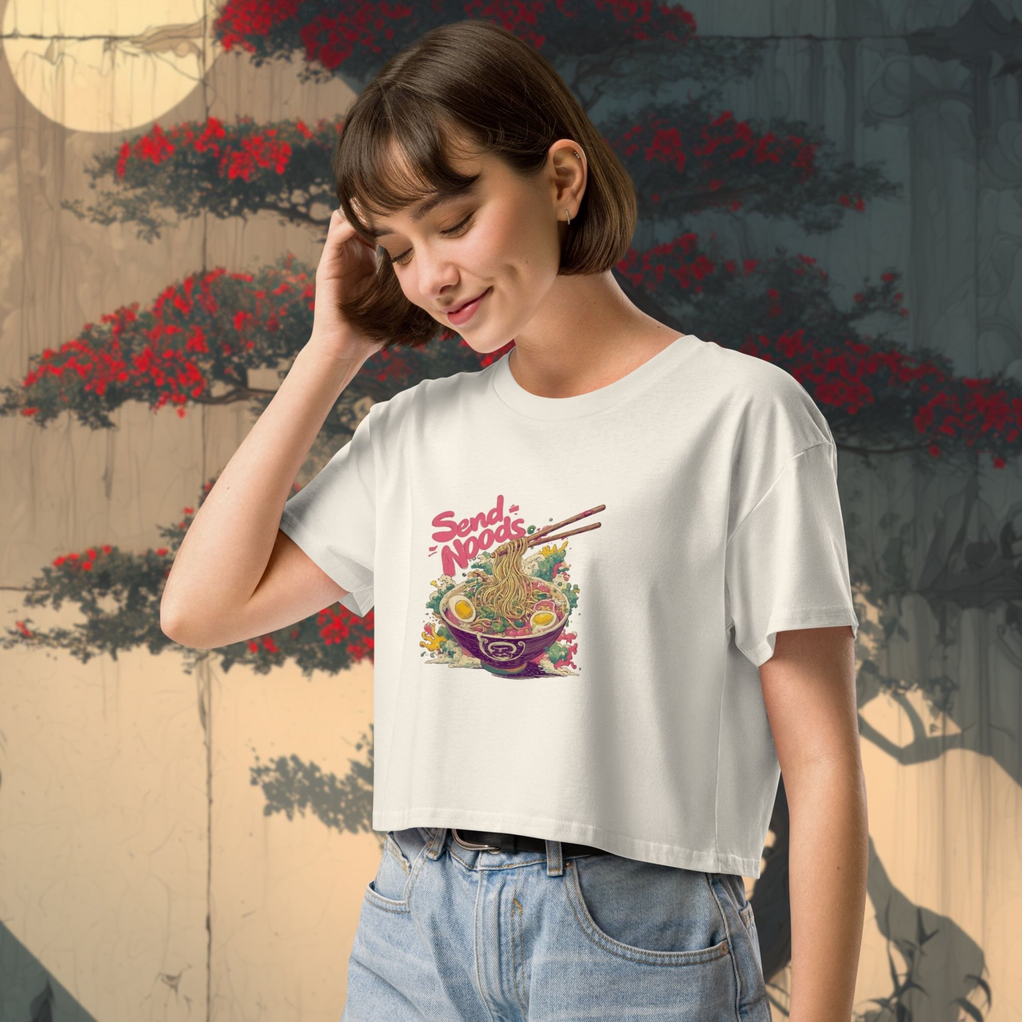 Model wearing Send Noods crop top during urban street walk
