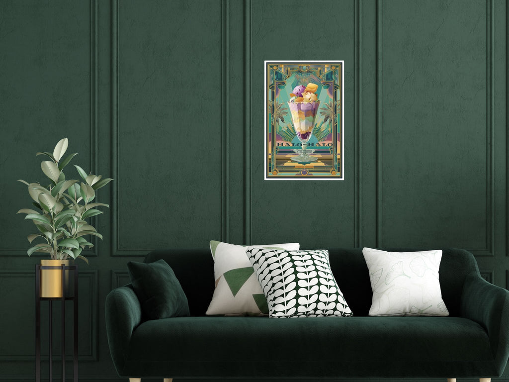 Art Deco food poster with elegant tropical design hanging in hallway