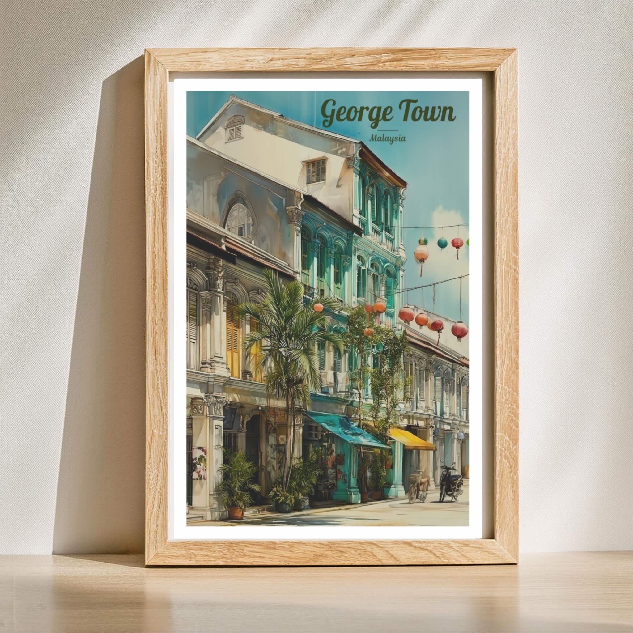 Colonial architecture wall art inspired by Penang streets in wooden frame