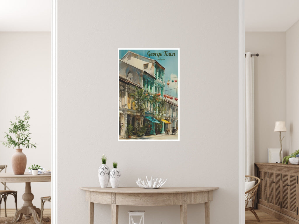 Vertical Malaysian heritage street of George Town poster in living room