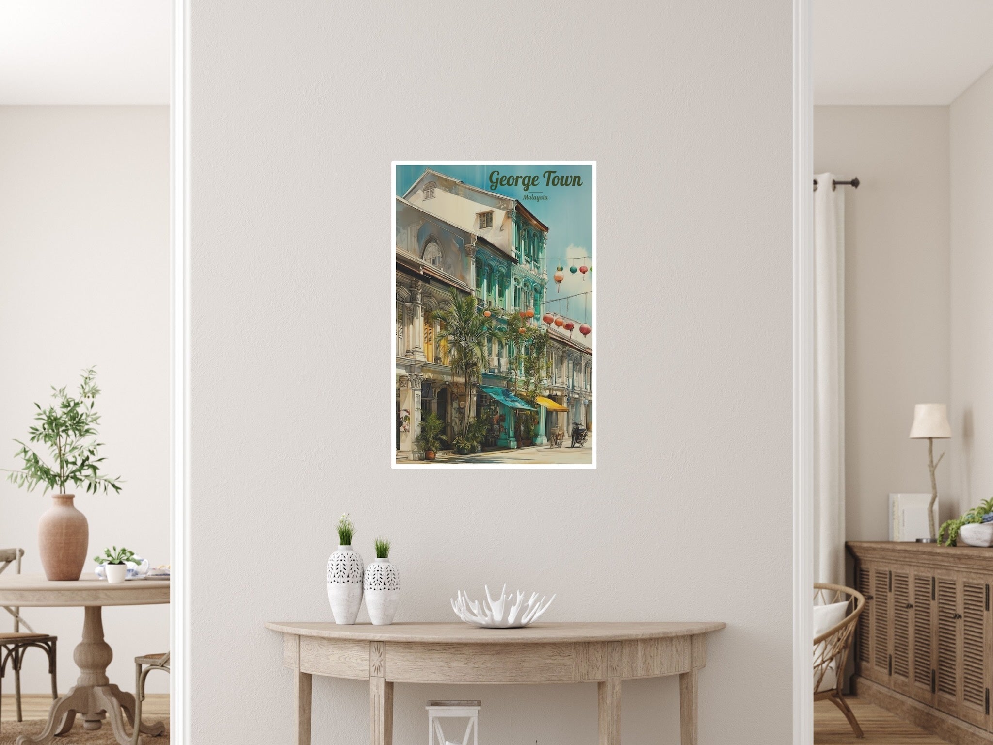 Vertical Malaysian heritage street of George Town poster in living room