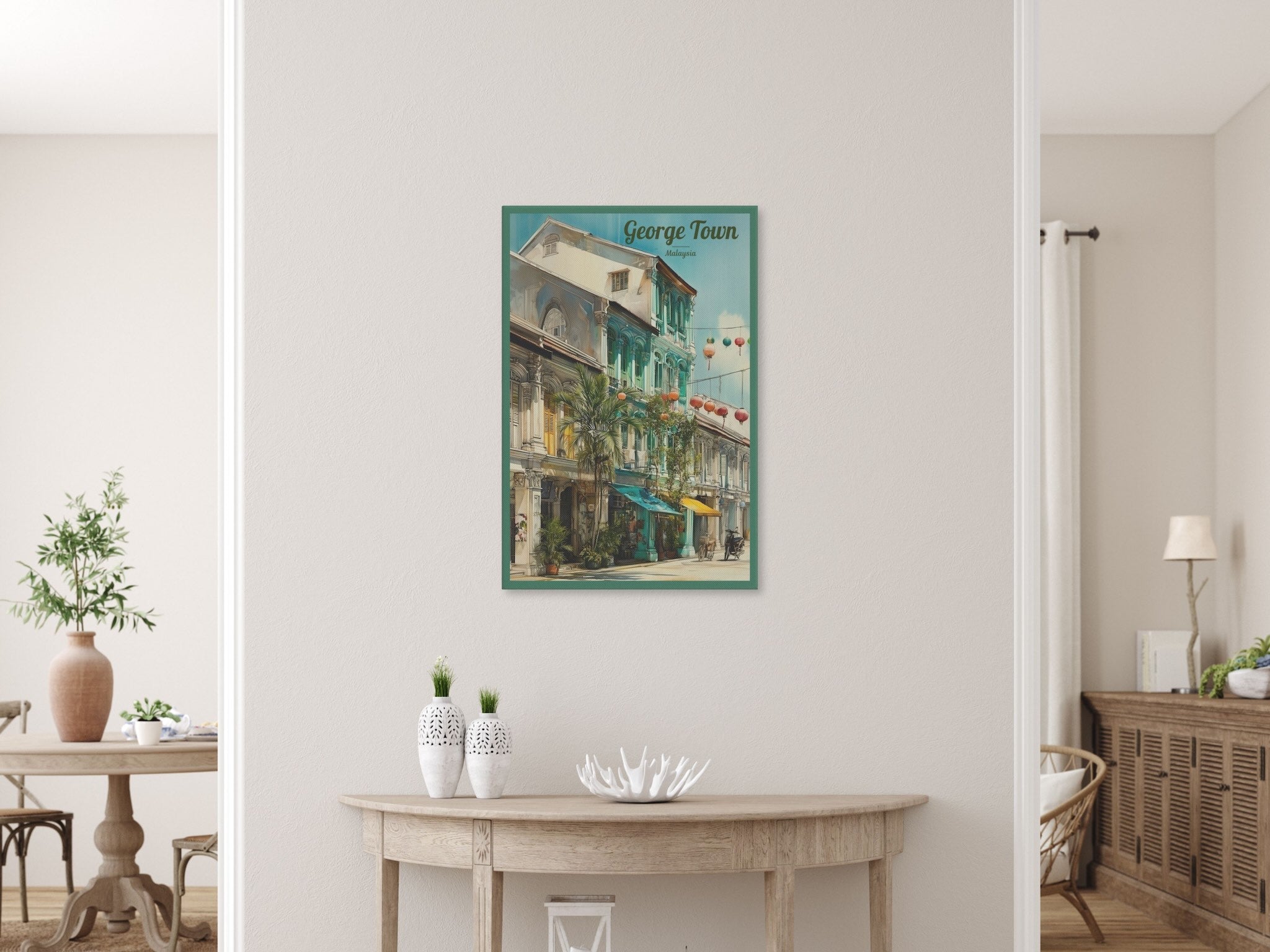 Vertical Malaysian heritage cityscape canvas hanging in living room