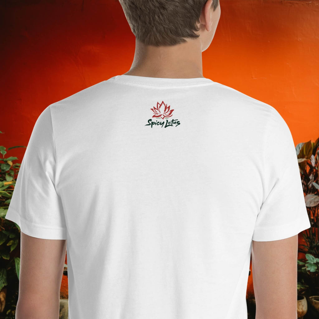 Person wearing a white t-shirt with a logo on the back against an orange background