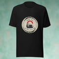 Black t-shirt with a graphic rice ball design on a textured teal background