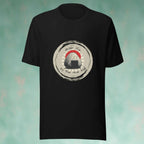 Black t-shirt with a graphic rice ball design on a textured teal background