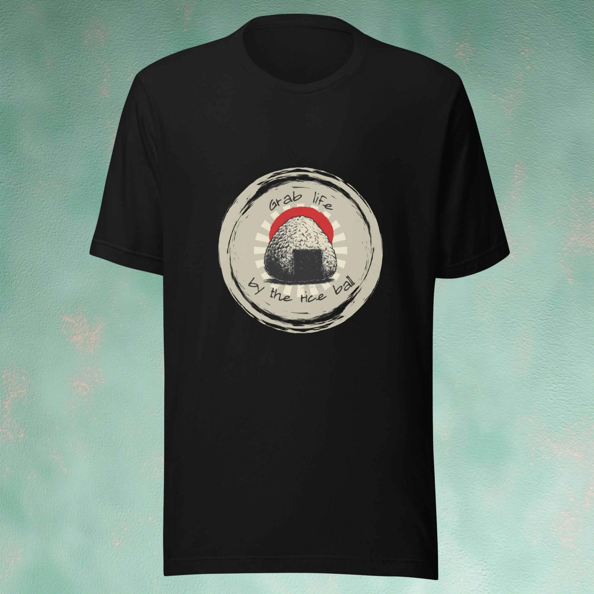 Black t-shirt with a graphic rice ball design on a textured teal background