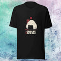 Black t-shirt with a graphic of a rice ball and text on a textured blue and white background