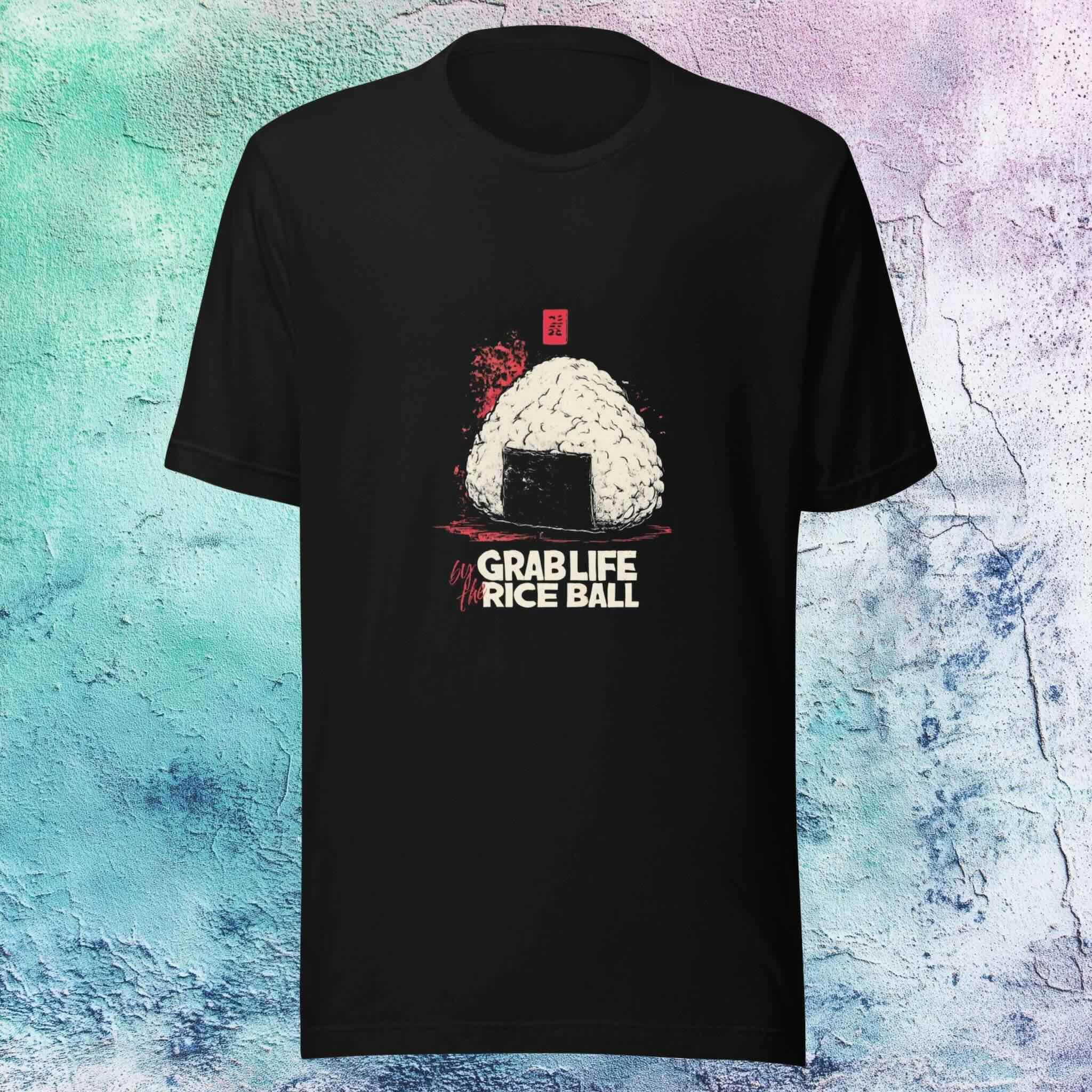 Black t-shirt with a graphic of a rice ball and text on a textured blue and white background