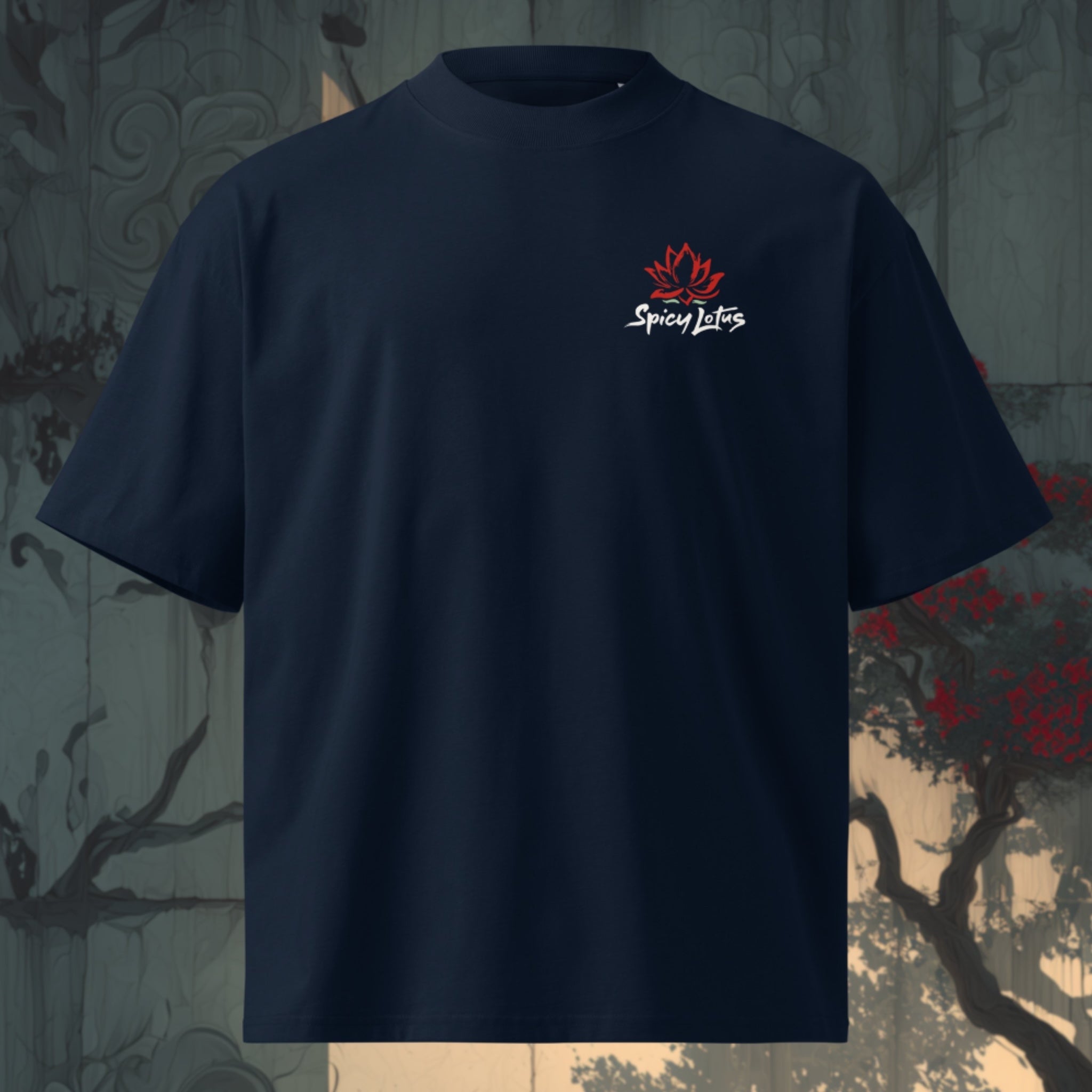 Small left chest logo on Rising Sun oversized organic tee