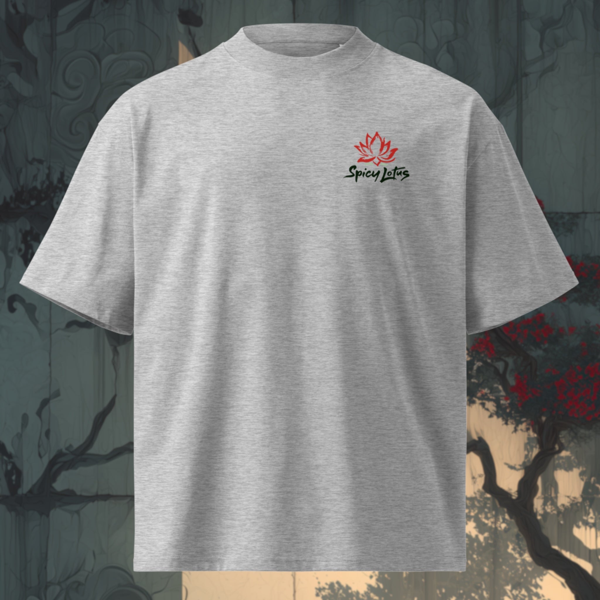 Small left chest logo on Red Fury oversized organic tee