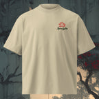 Small left chest logo on Red Fury oversized organic tee