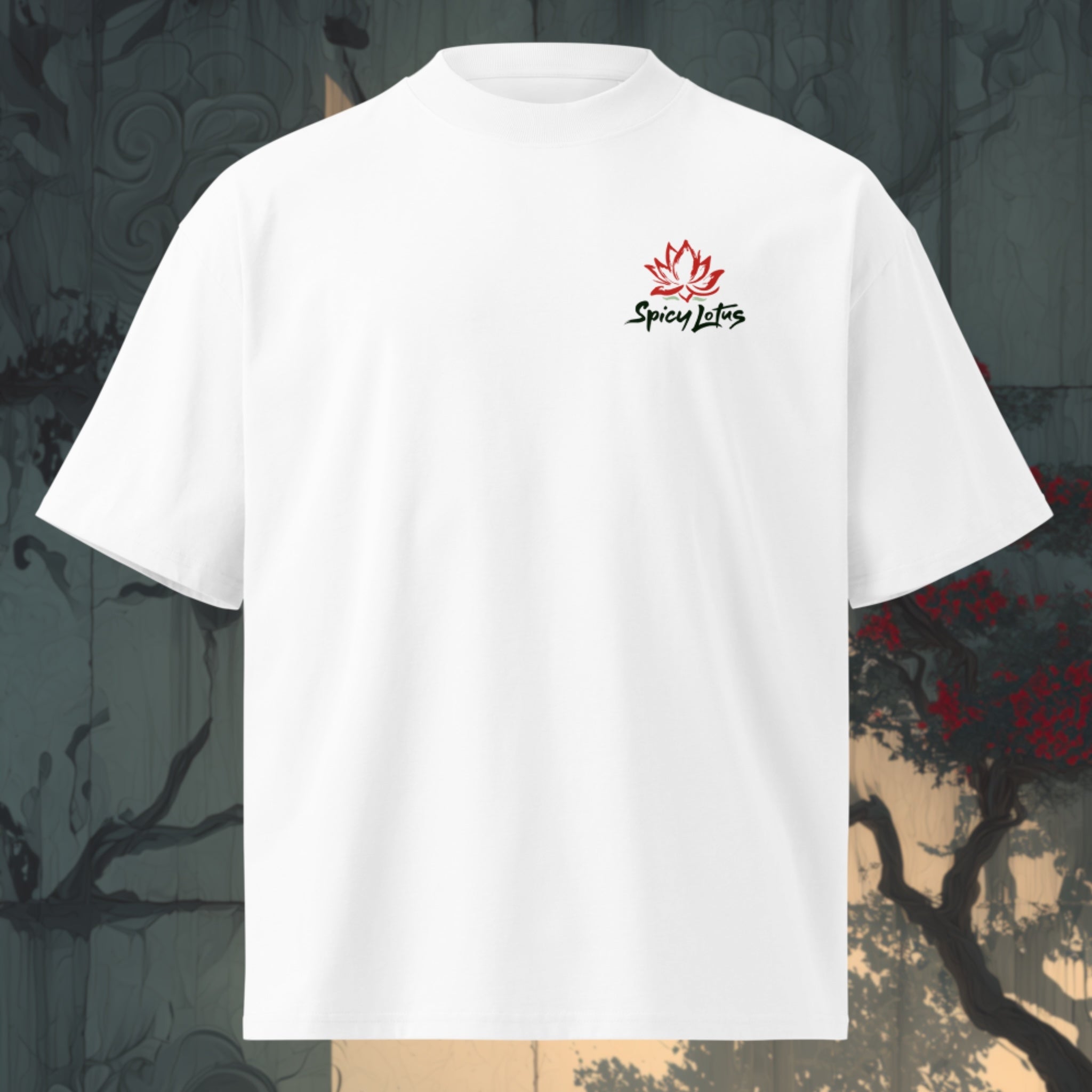 Small left chest logo on Red Fury oversized organic tee