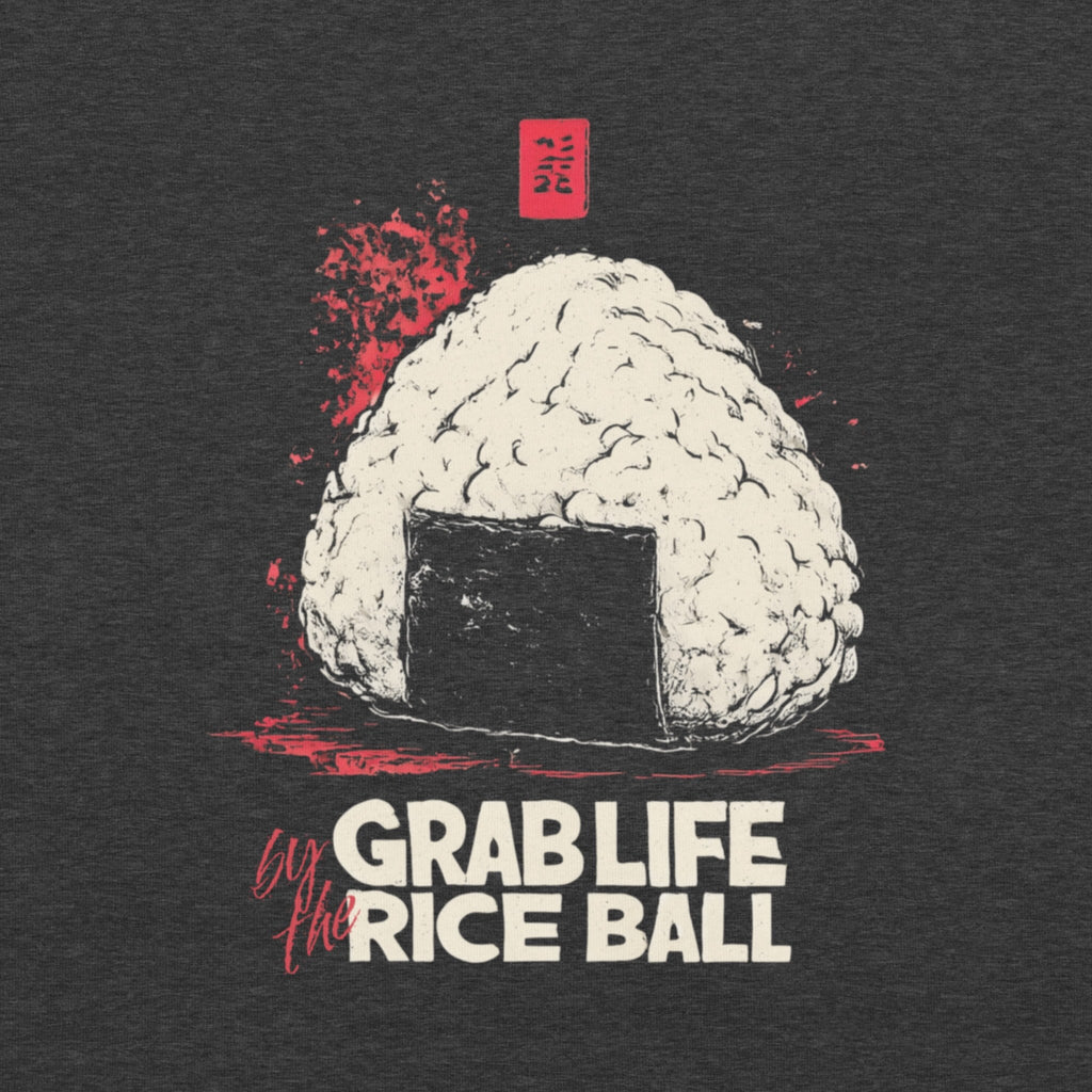 Close-up DTG print of bold onigiri illustration with red brush accents