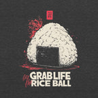 Close-up DTG print of bold onigiri illustration with red brush accents