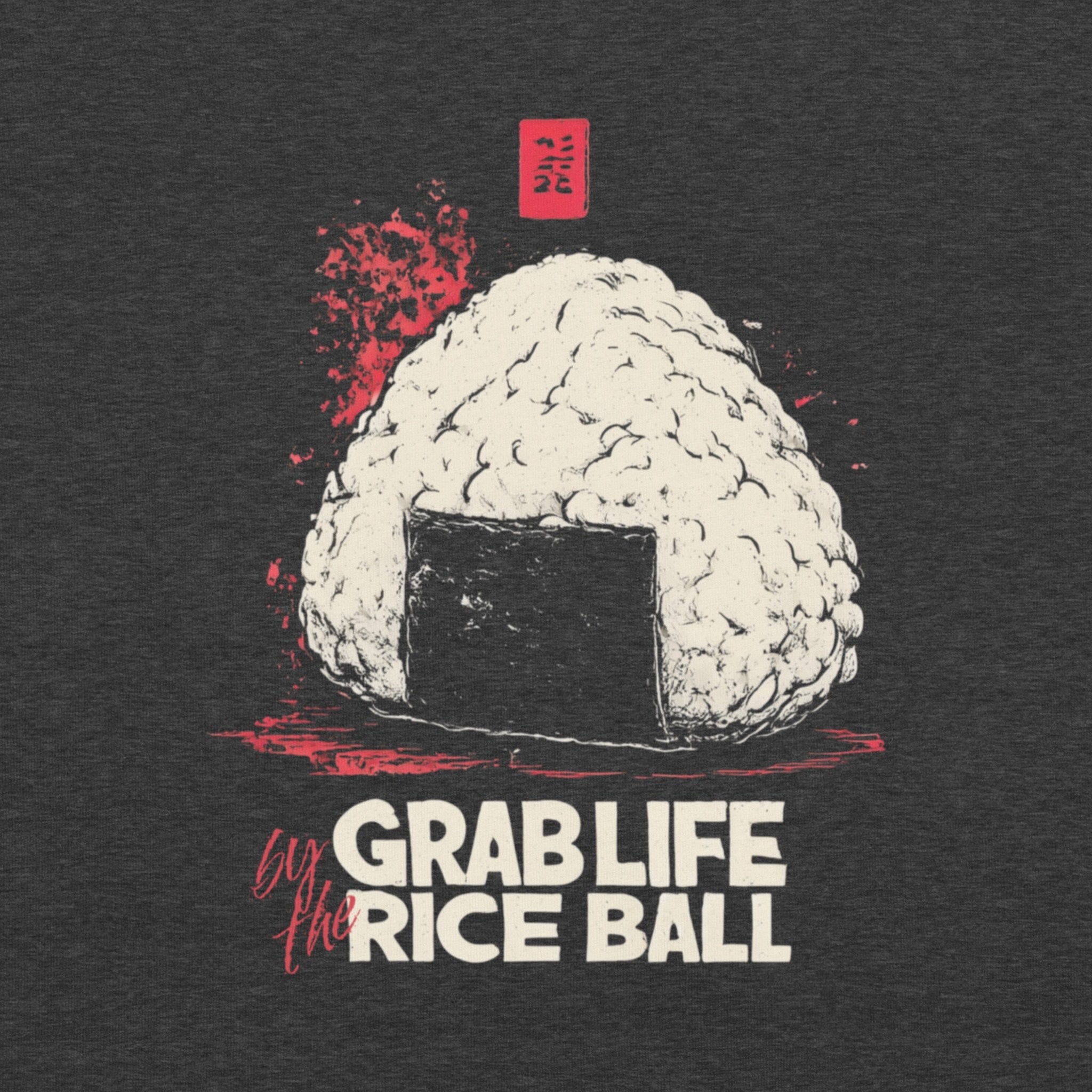 Close-up DTG print of bold onigiri illustration with red brush accents