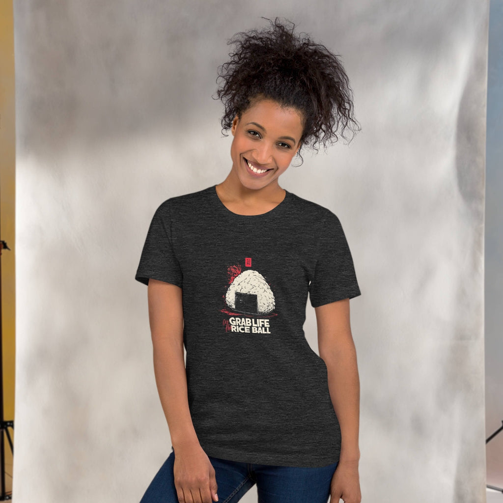 Woman wearing a black t-shirt with a graphic design of japanese onigiri  with a pun on a plain background
