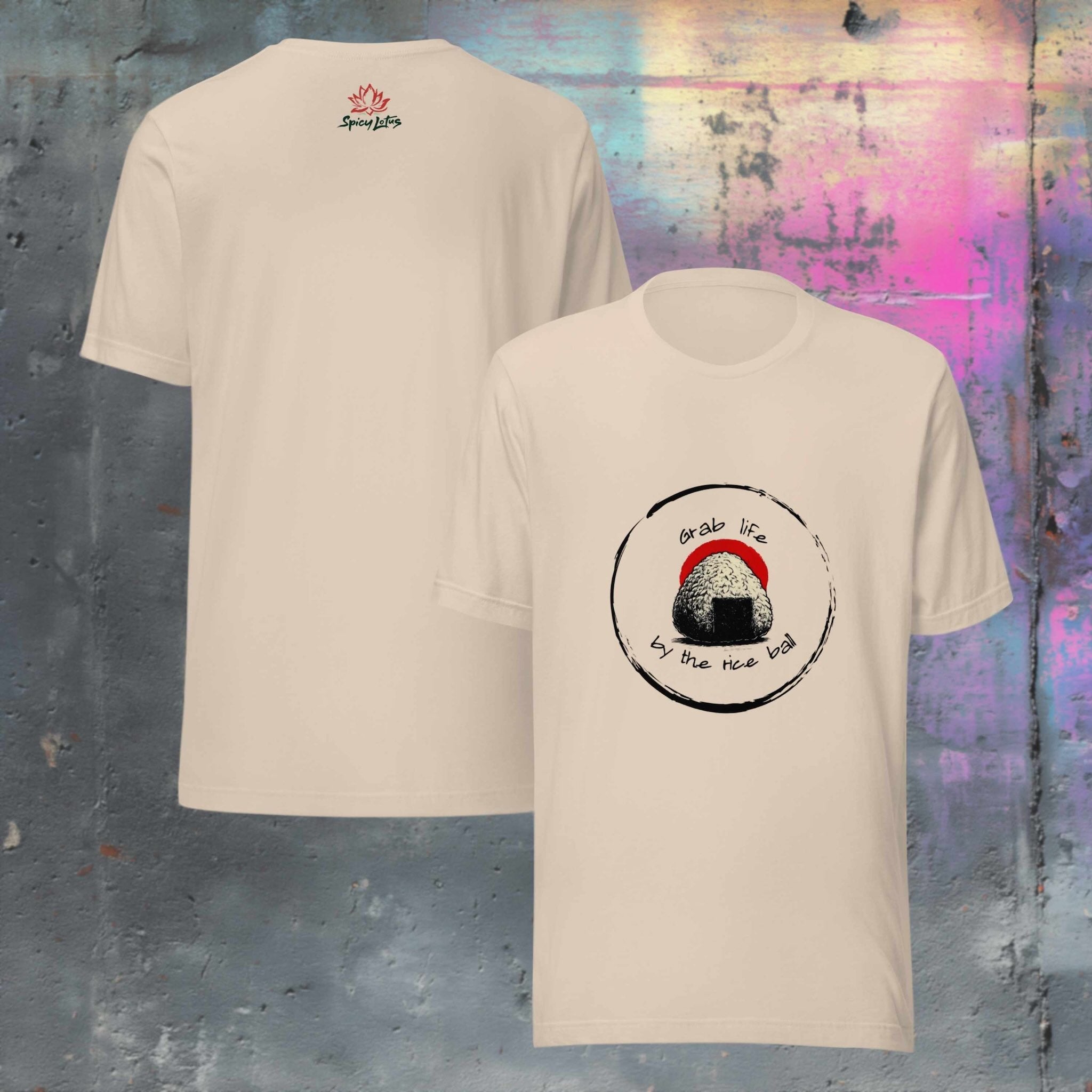 Front/Back view of Grab Life by the Rice Ball graphic ghost t-shirt