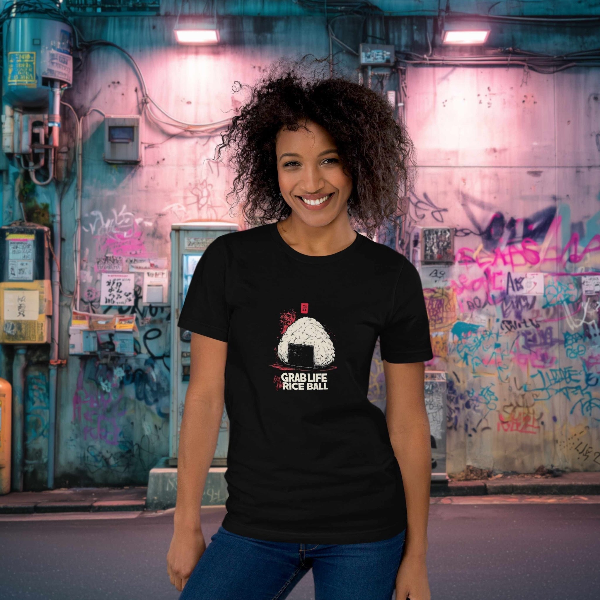 Model wearing Grab Life by the Rice Ball t-shirt in urban street setting
