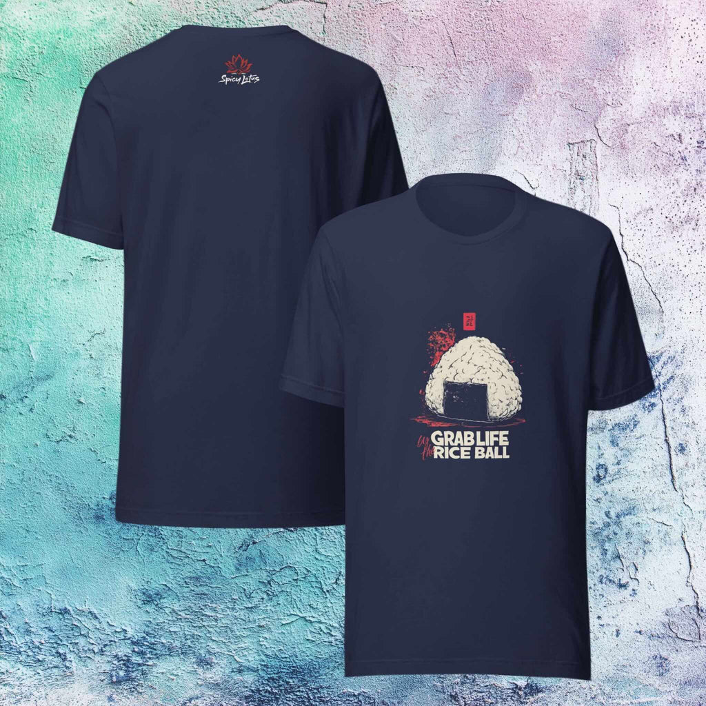 Front/Back view of Grab Life by the Rice Ball graphic ghost t-shirt