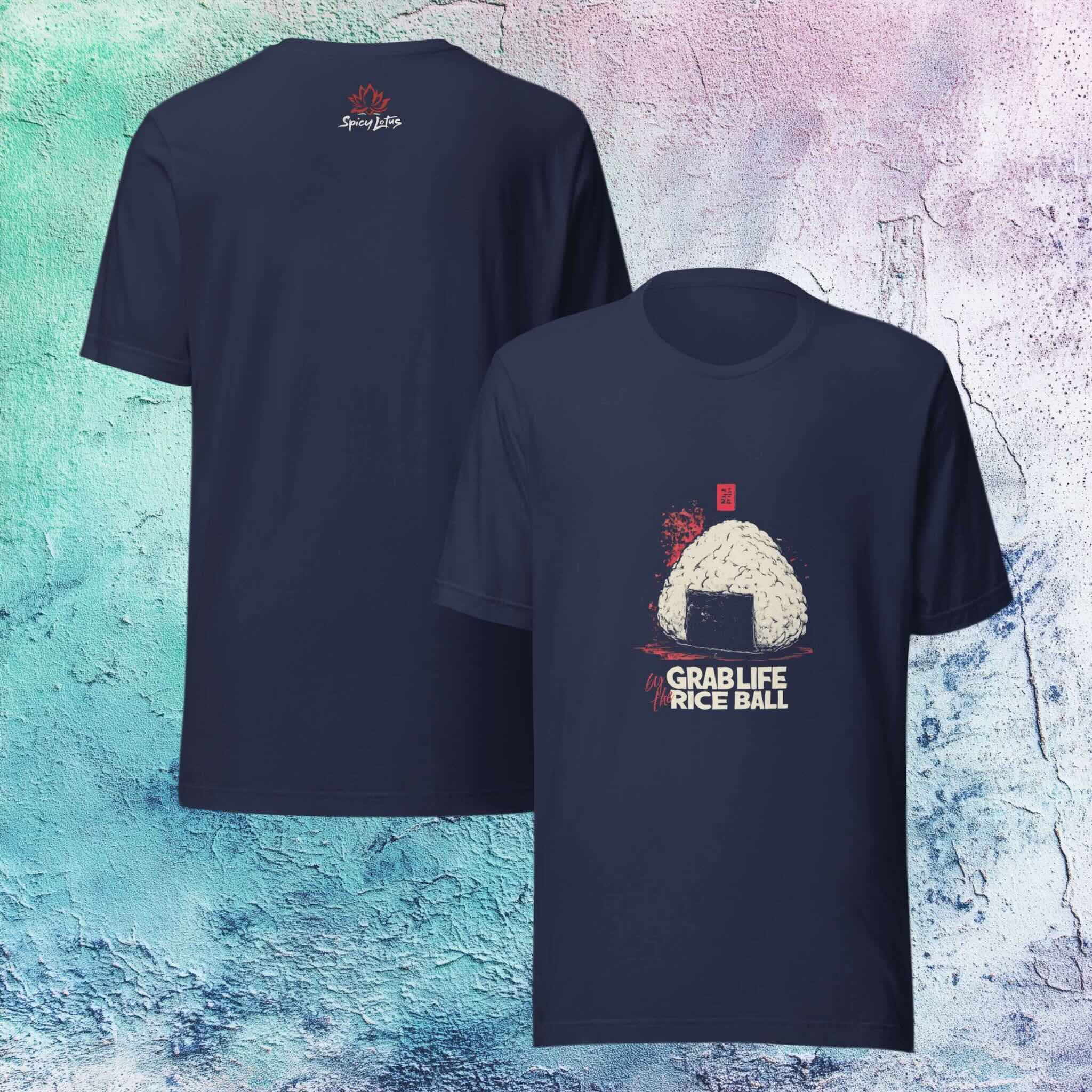 Front/Back view of Grab Life by the Rice Ball graphic ghost t-shirt