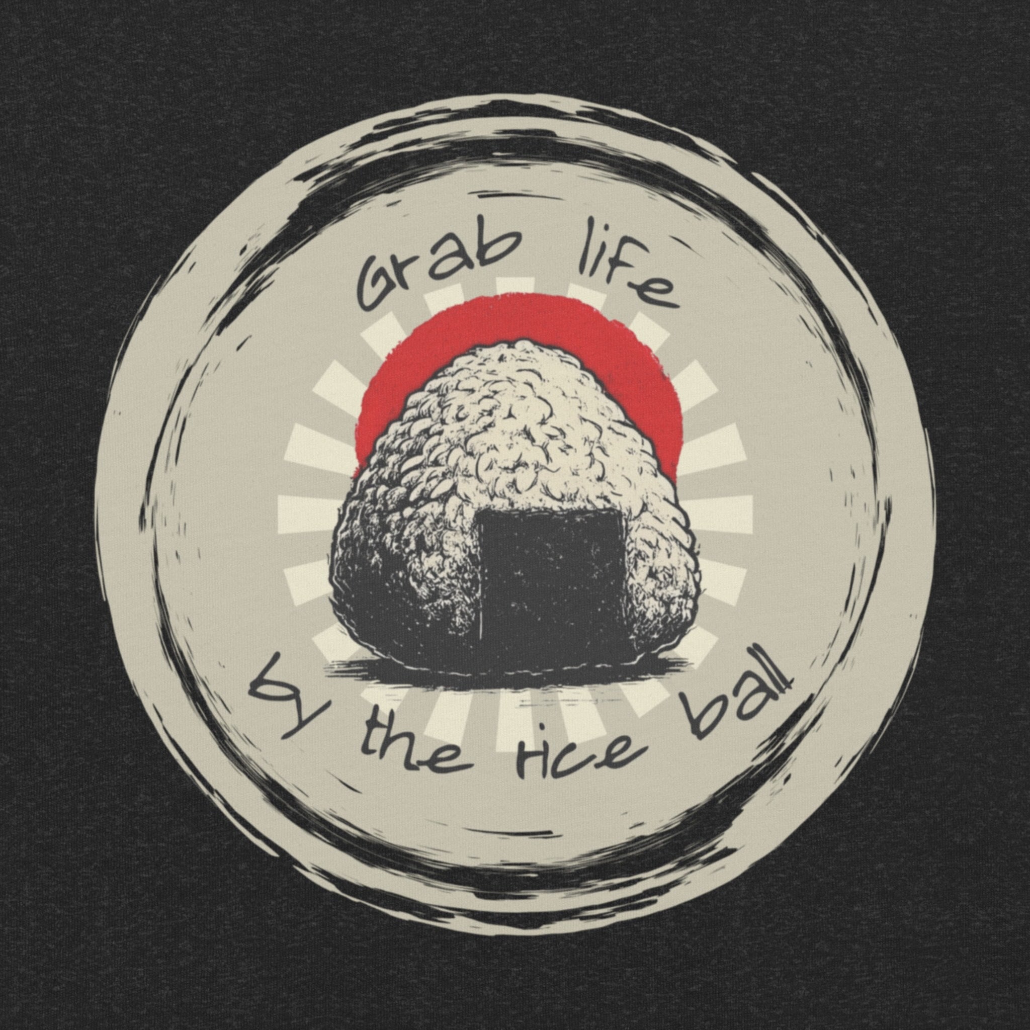 DTG print detail on onigiri motivational graphic tee