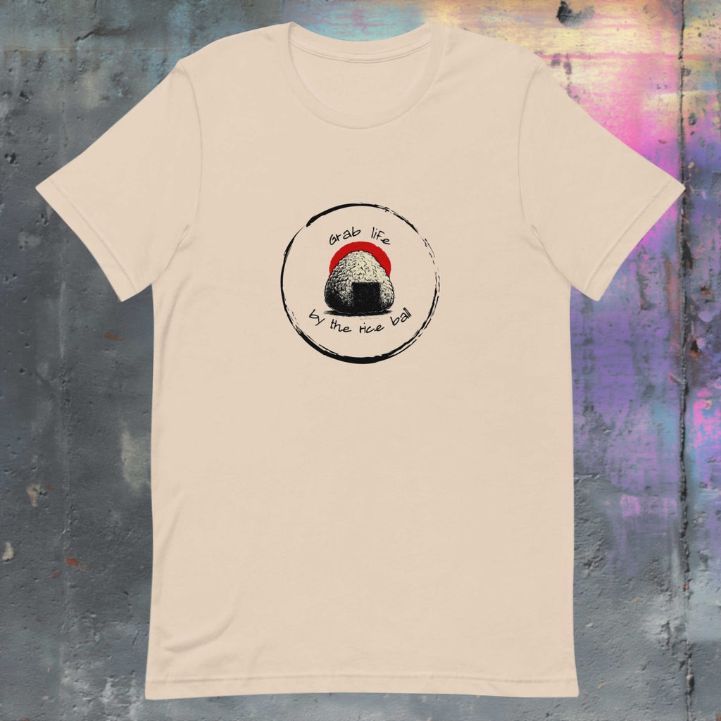 Grab Life by the Rice Ball onigiri front print flatlay t-shirt