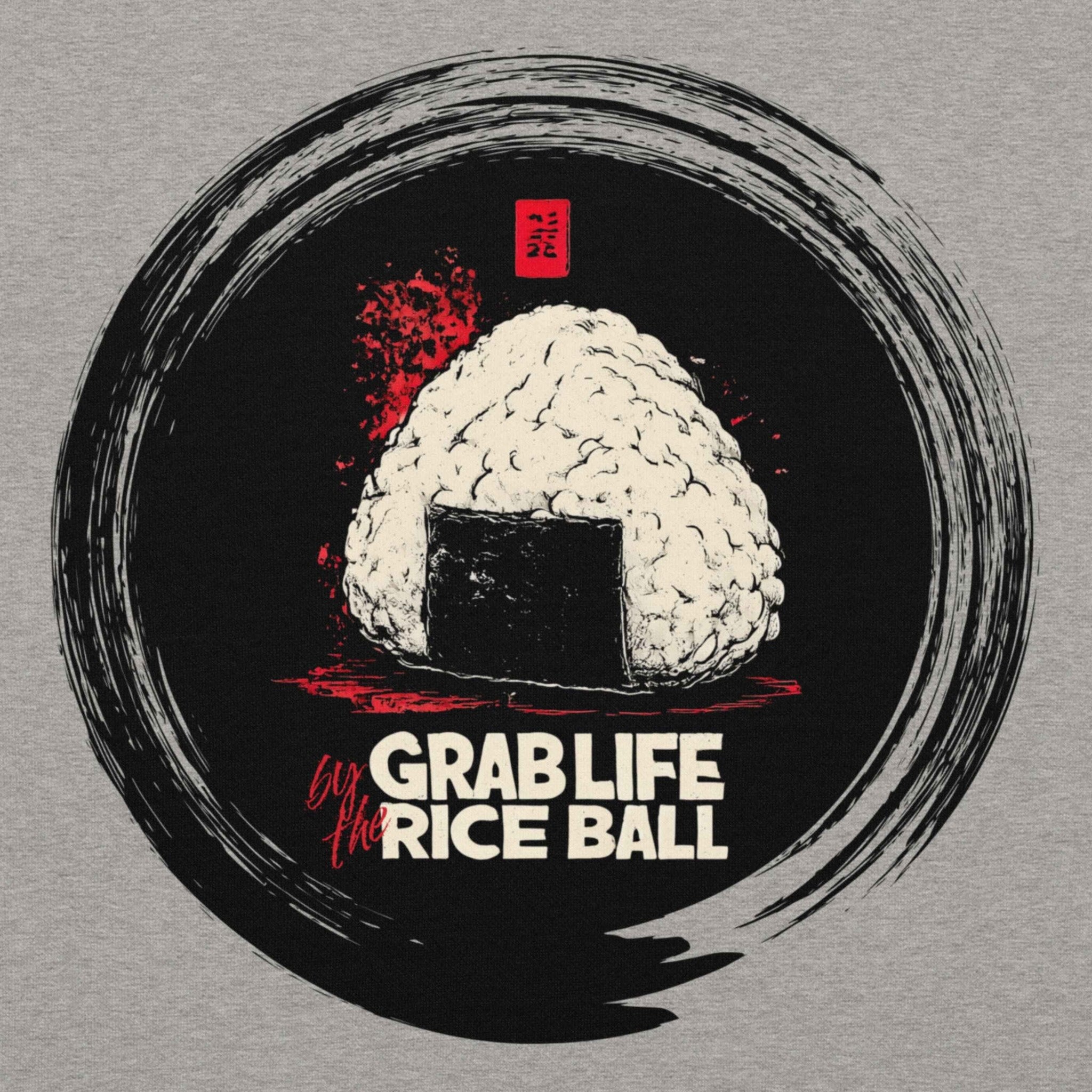 Close-up of bold onigiri red fury graphic on hoodie light color